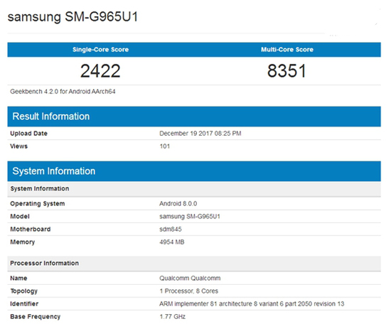 驍龍845強勢助攻？三星S9+現(xiàn)身GeekBench網站：跑分爆表