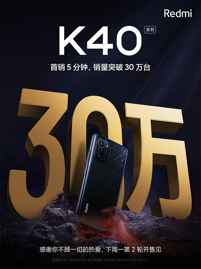 首銷5分鐘破30萬臺！Redmi K40系列坐實旗艦焊門員